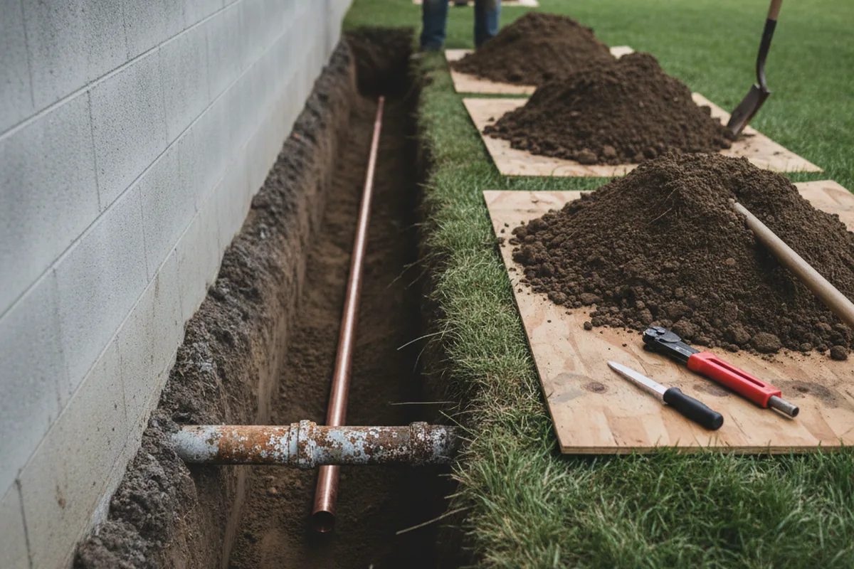 Excavated water line trench during Water Heater Repair in Owens Cross Roads